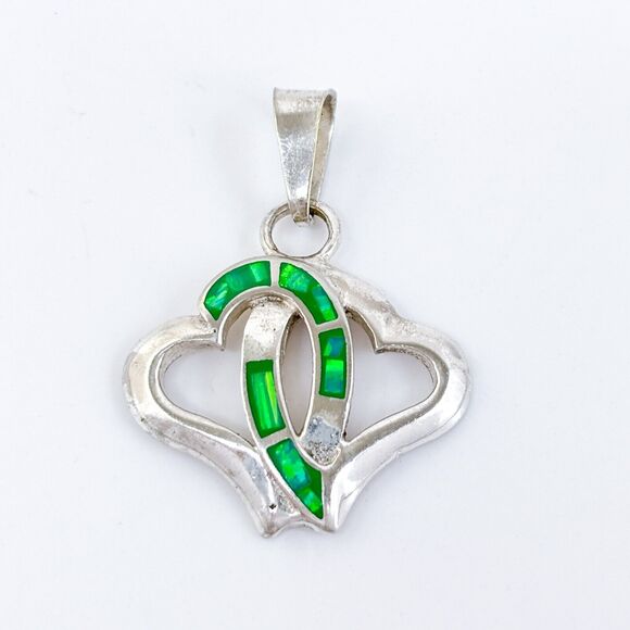 Vintage Sterling Silver 925 Green Opal Inlay Heart Pendant - Picture 2 of 6